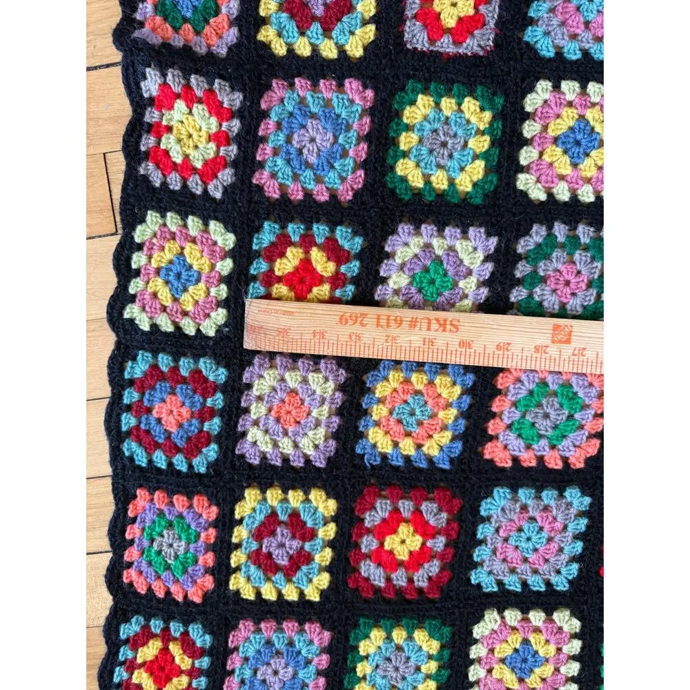 Vtg Afghan Crochet Granny Square Blanket Handmade Throw Black Multicolor 55x39.5